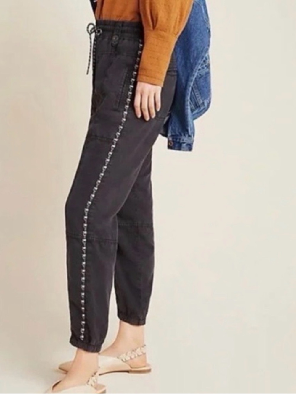 Anthropologie Black Jogger Embroidered Seam Medium Drawstring Streetwear